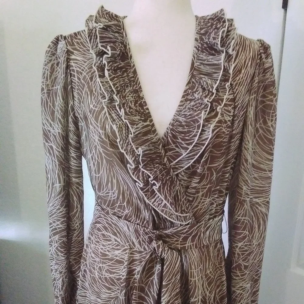 Studio 36 Dress Vintage 80's Brown & Cream Long Sleeve Size L Deep V-Neck - Picture 5 of 8